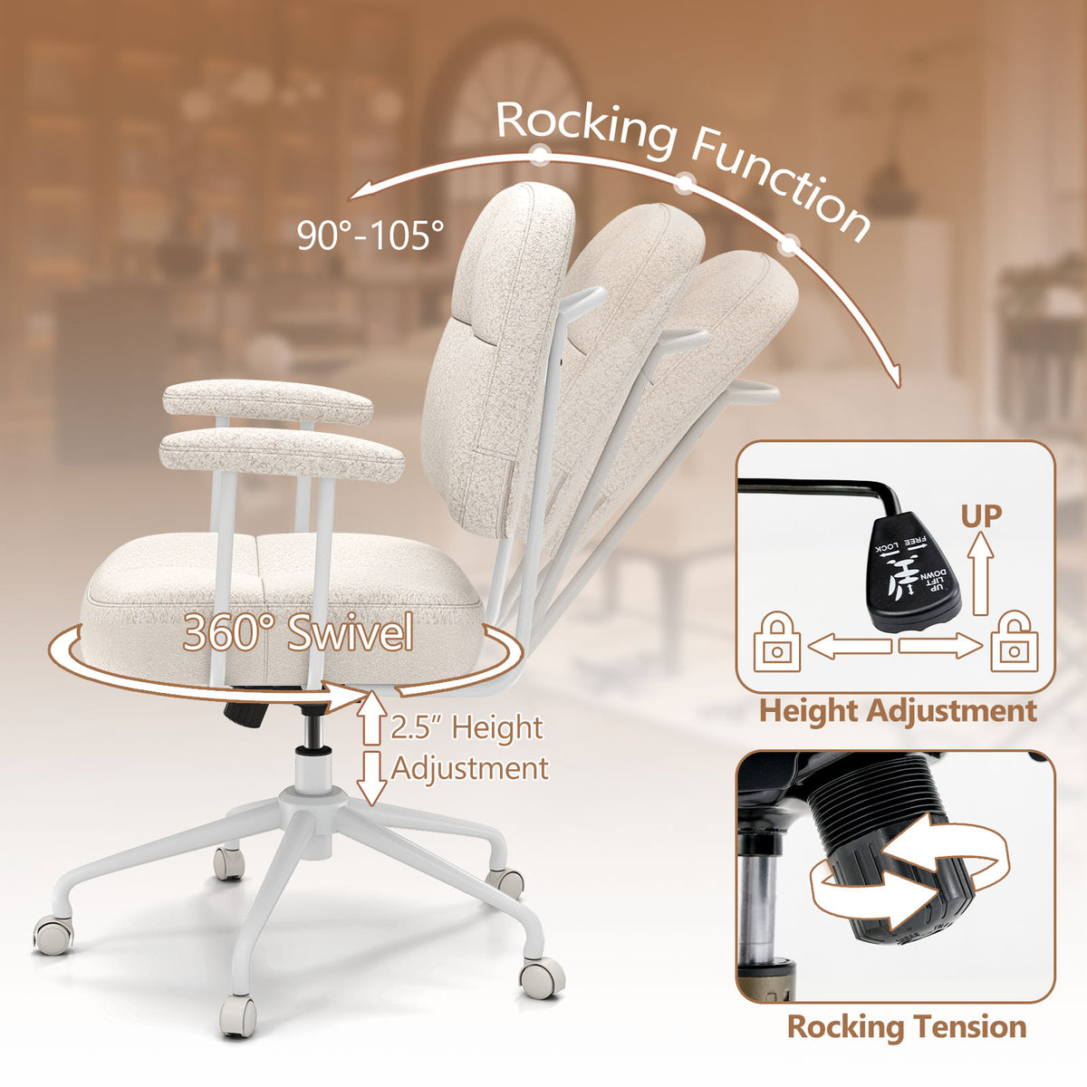 Ergonomic Upholstered Task Office Chair with Cushioned Back – Beige