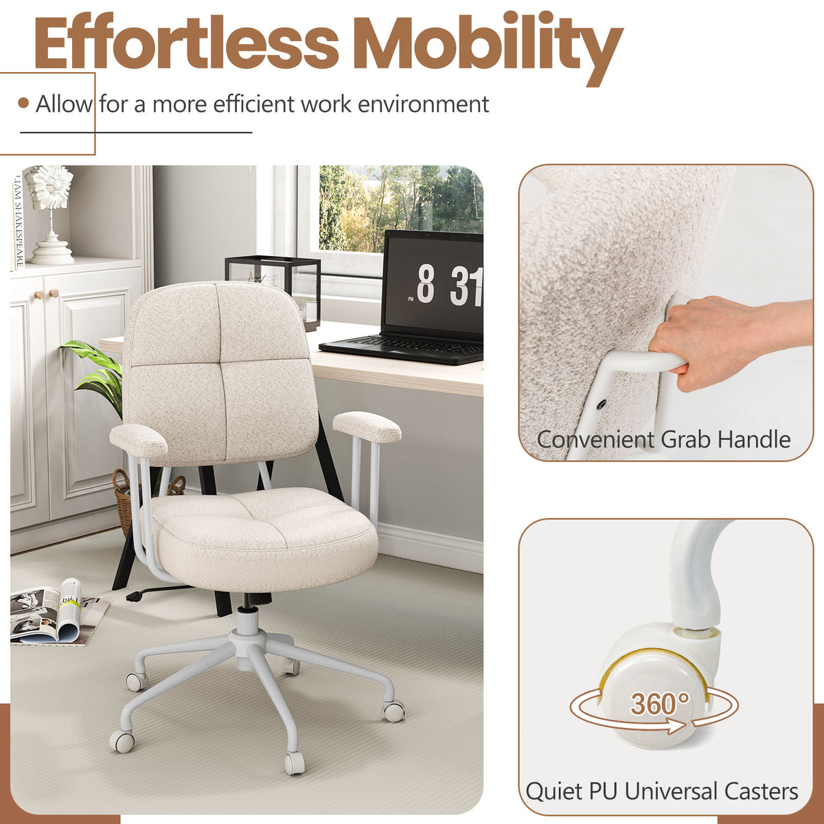 Ergonomic Upholstered Task Office Chair with Cushioned Back – Beige