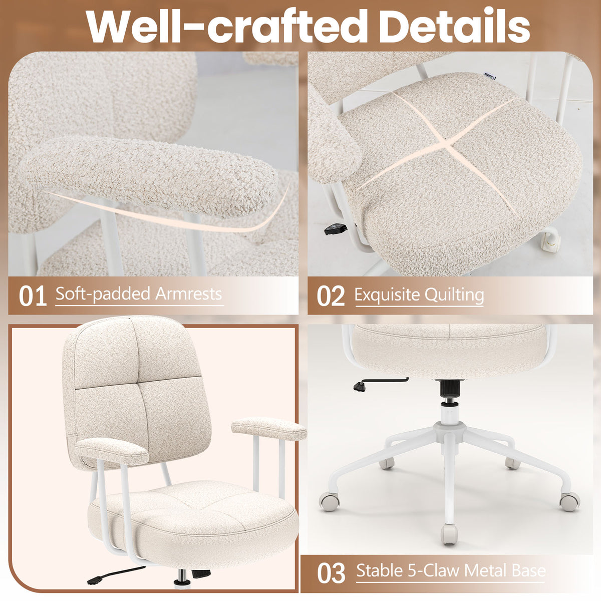 Ergonomic Upholstered Task Office Chair with Cushioned Back – Beige