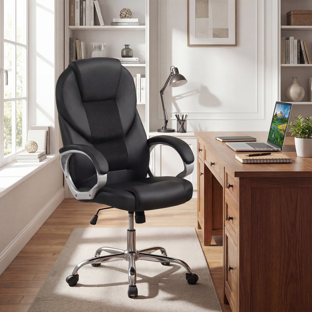 Ergonomic Leather Office Chair with Mesh Back - Black