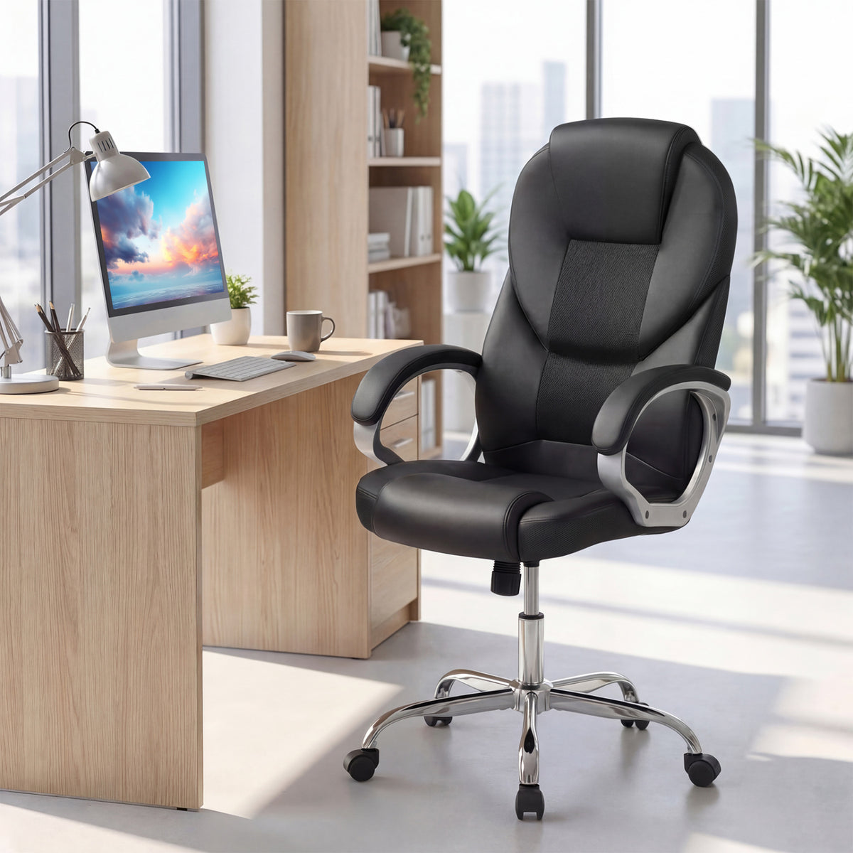 Ergonomic Leather Office Chair with Mesh - Black