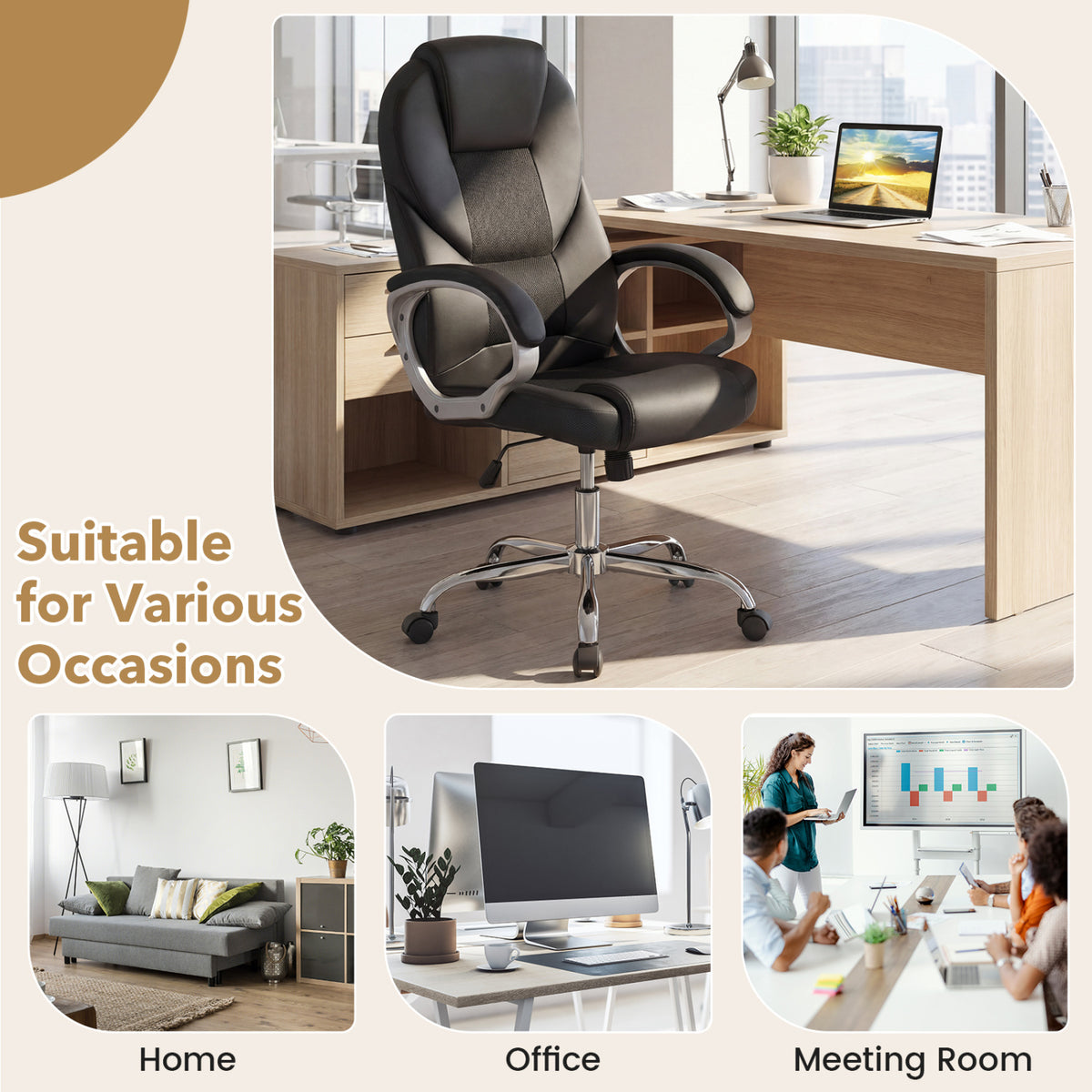 Ergonomic Leather Office Chair with Mesh Back - Black