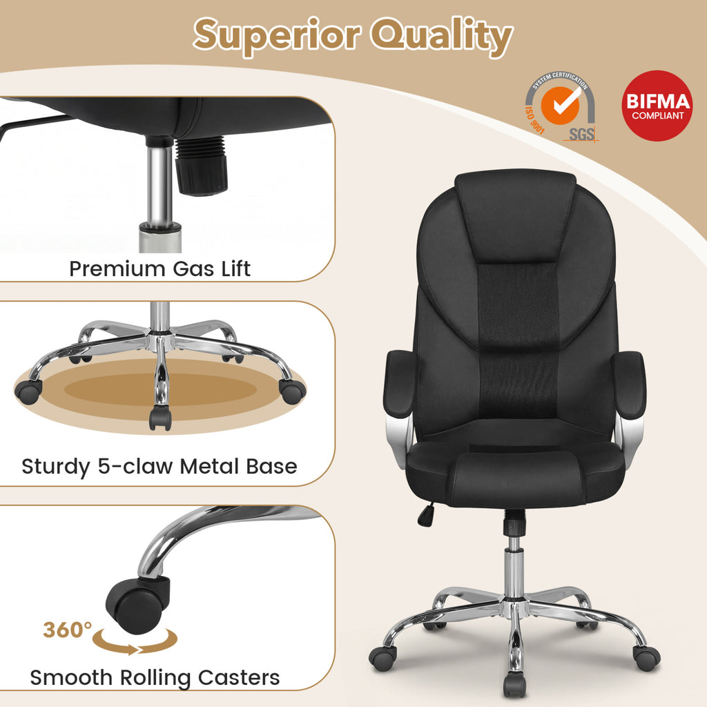 Ergonomic Leather Office Chair with Mesh Back - Black