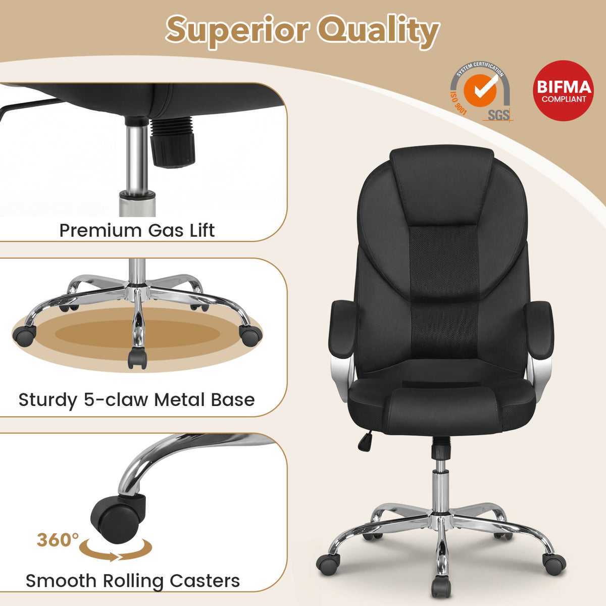 Ergonomic Leather Office Chair with Mesh Back - Black