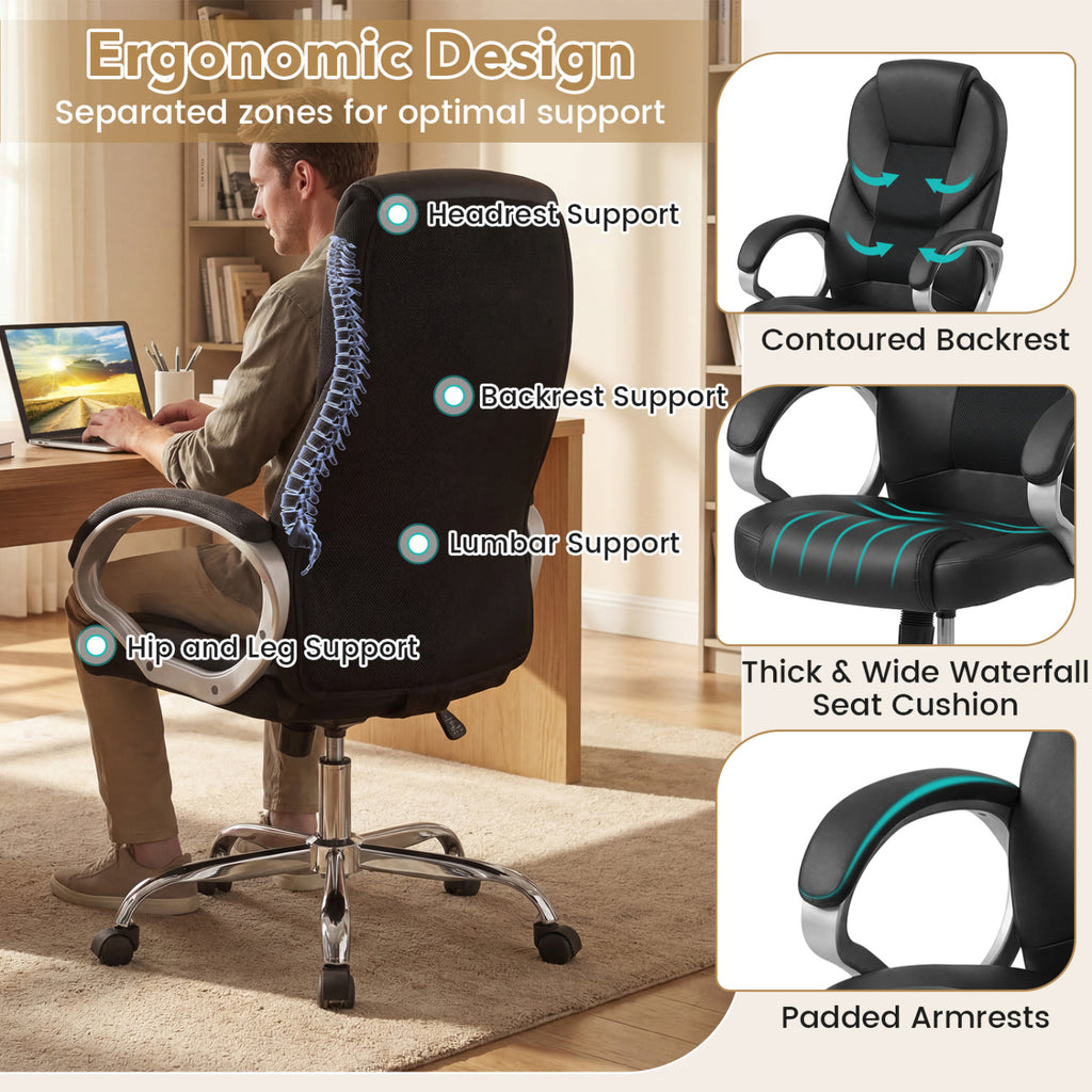 Ergonomic Leather Office Chair with Mesh Back - Black