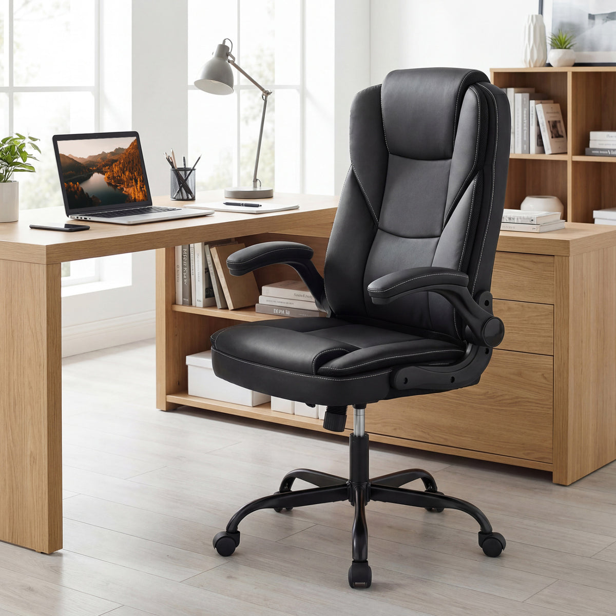 Ergonomic Leather Office Chair with Flip-up Armrests - Black