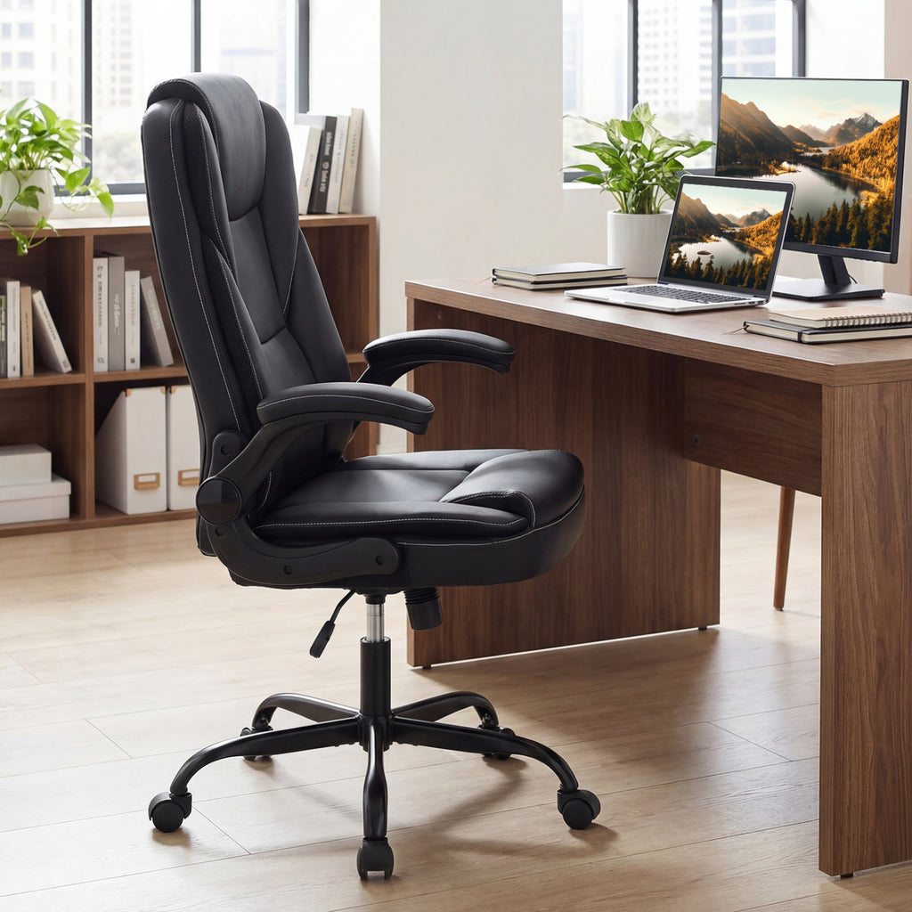 Ergonomic Leather Office Chair with Flip-up Armrests - Black