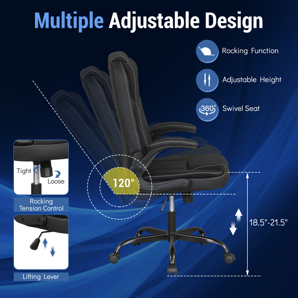 Ergonomic Leather Office Chair with Flip-up Armrests - Black