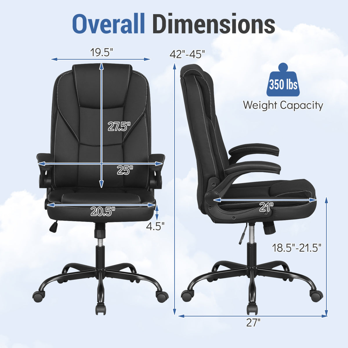Ergonomic Leather Office Chair with Flip-up Armrests - Black