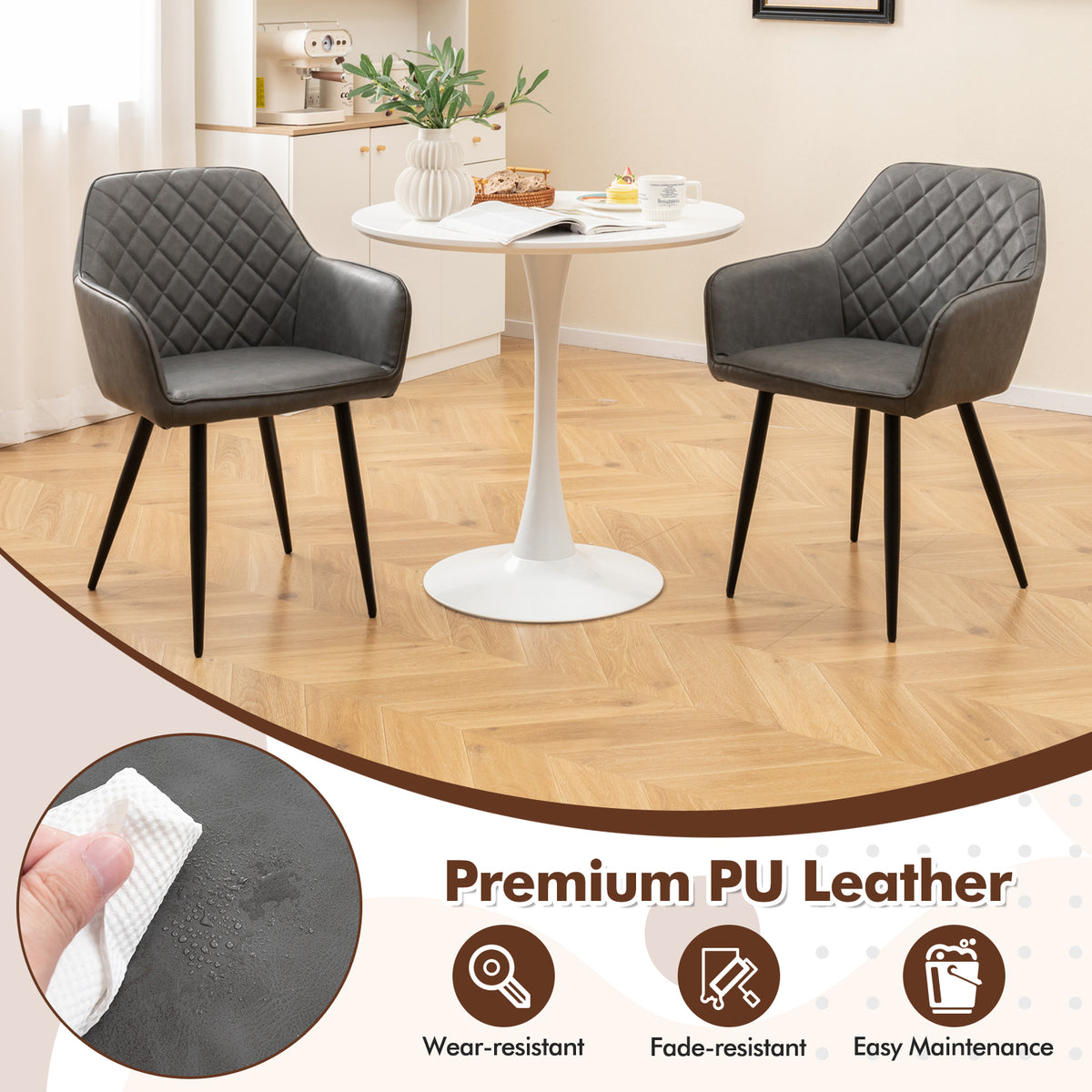 Dining Chair Set of 2 with Curved Backrest - Gray