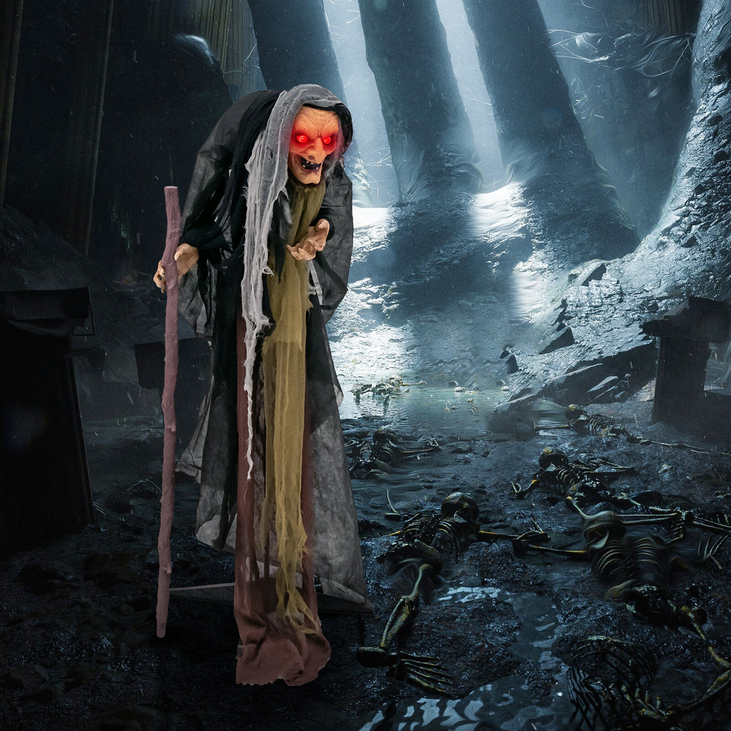 Life Size Animatronic Witch with Pre-Recorded Scary Phrases - Witch with Crutch
