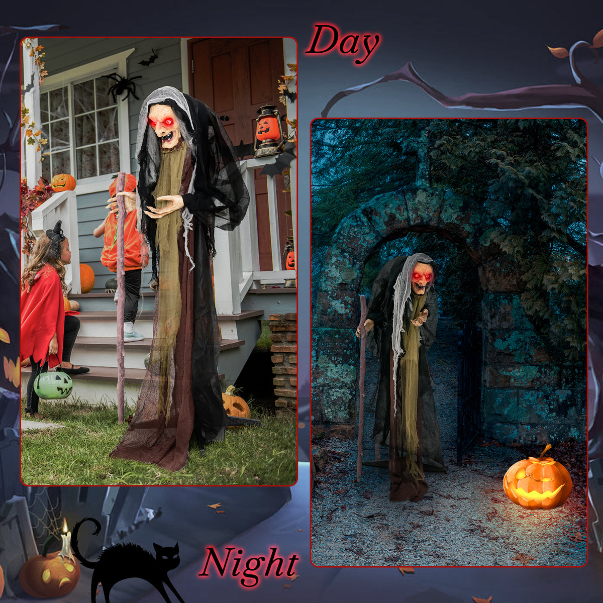 Life Size Animatronic Witch with Pre-Recorded Scary Phrases - Witch with Crutch