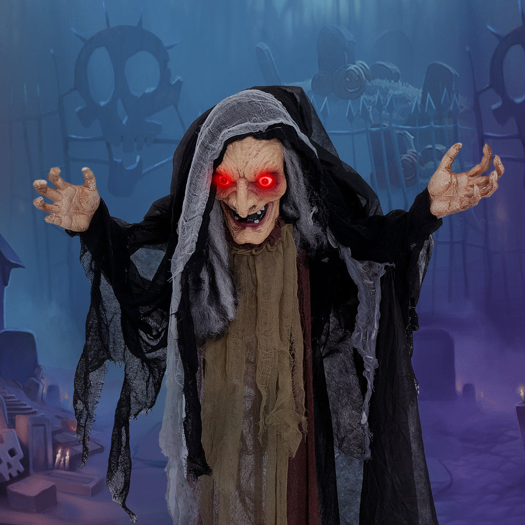 Life Size Animatronic Witch with Pre-Recorded Scary Phrases - Witch with Crutch