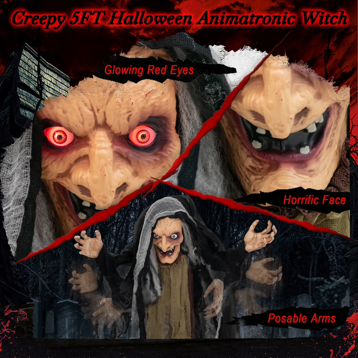 Life Size Animatronic Witch with Pre-Recorded Scary Phrases - Witch with Crutch
