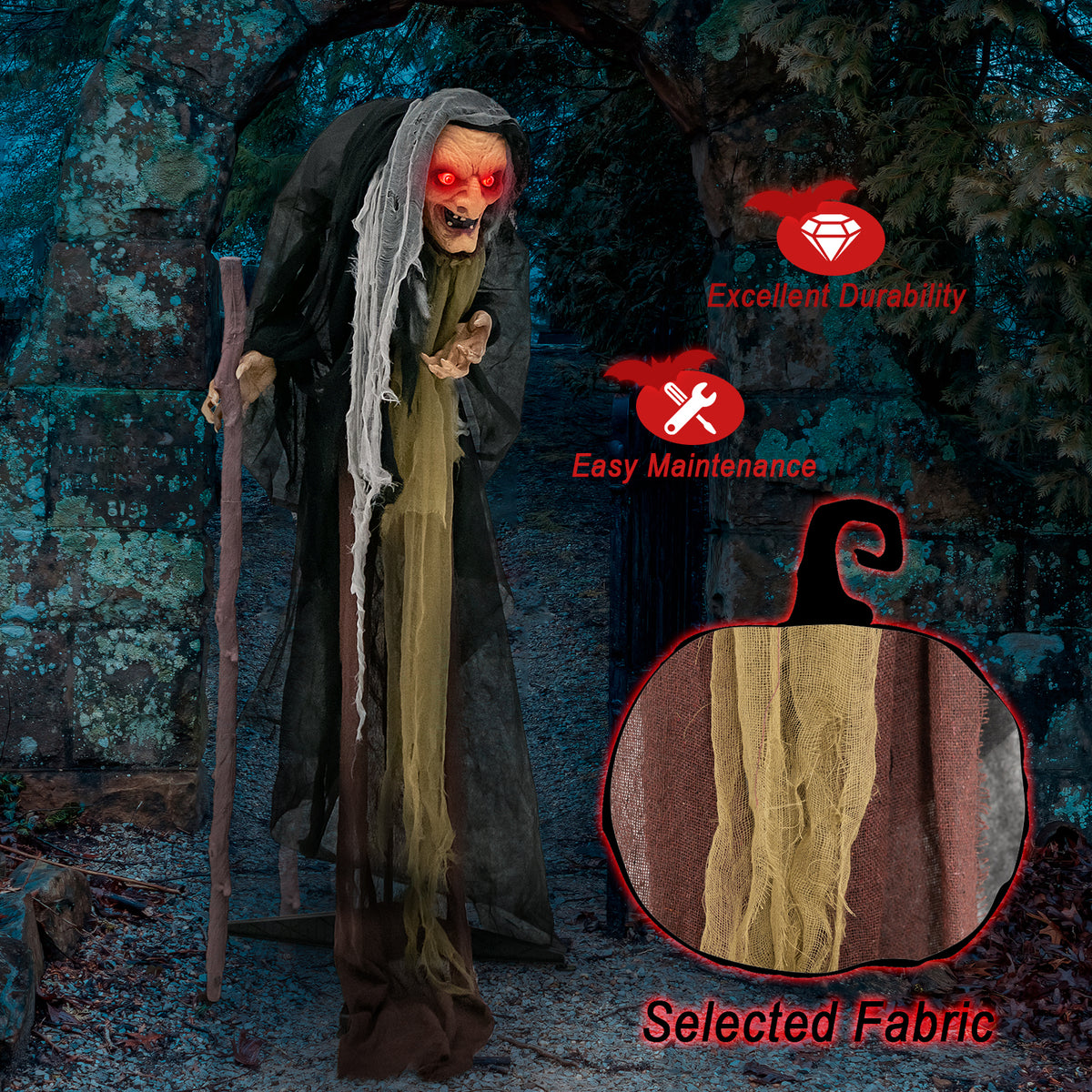Life Size Animatronic Witch with Pre-Recorded Scary Phrases - Witch with Crutch