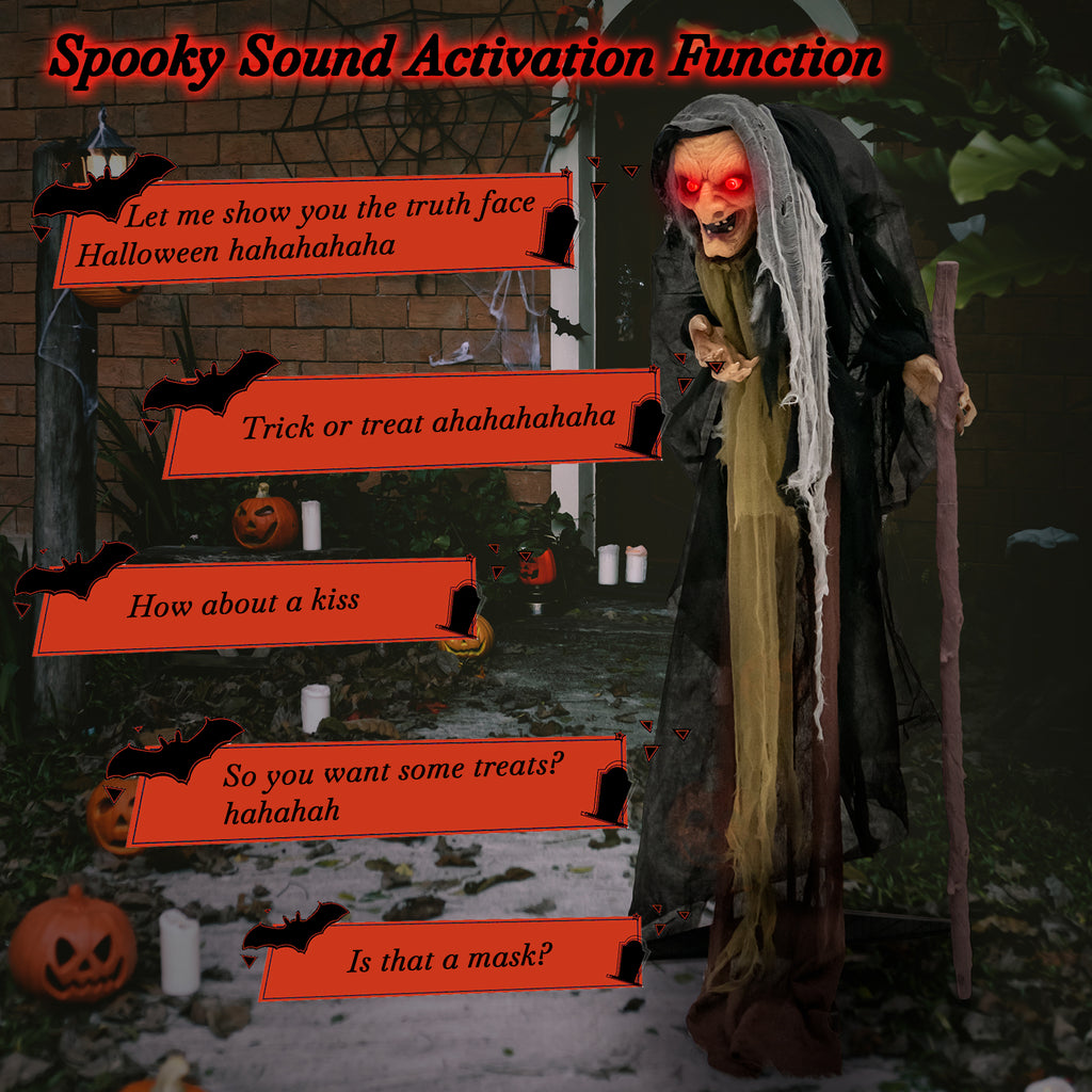 Life Size Animatronic Witch with Pre-Recorded Scary Phrases - Witch with Crutch