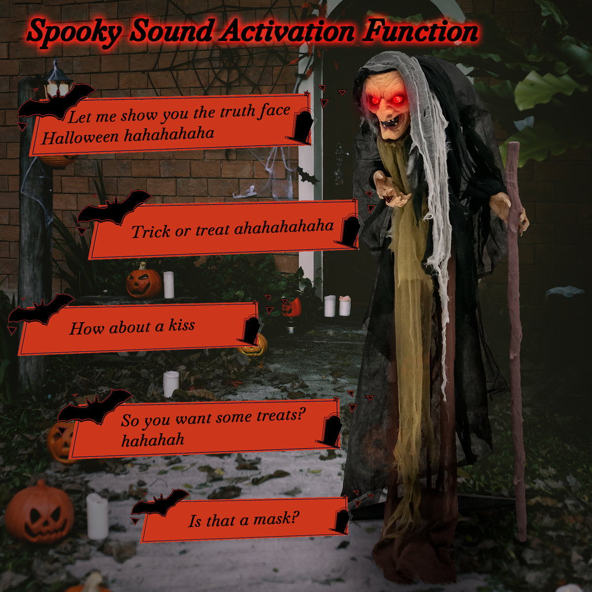 Life Size Animatronic Witch with Pre-Recorded Scary Phrases - Witch with Crutch
