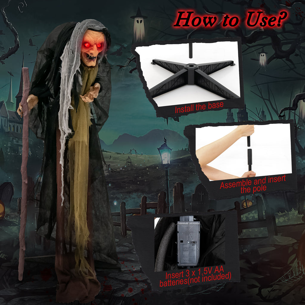 Life Size Animatronic Witch with Pre-Recorded Scary Phrases - Witch with Crutch