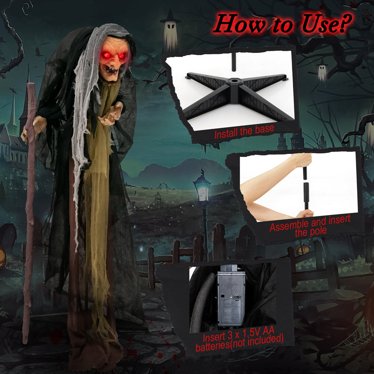 Life Size Animatronic Witch with Pre-Recorded Scary Phrases - Witch with Crutch