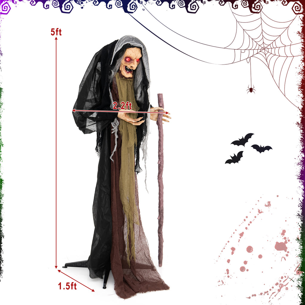 Life Size Animatronic Witch with Pre-Recorded Scary Phrases - Witch with Crutch