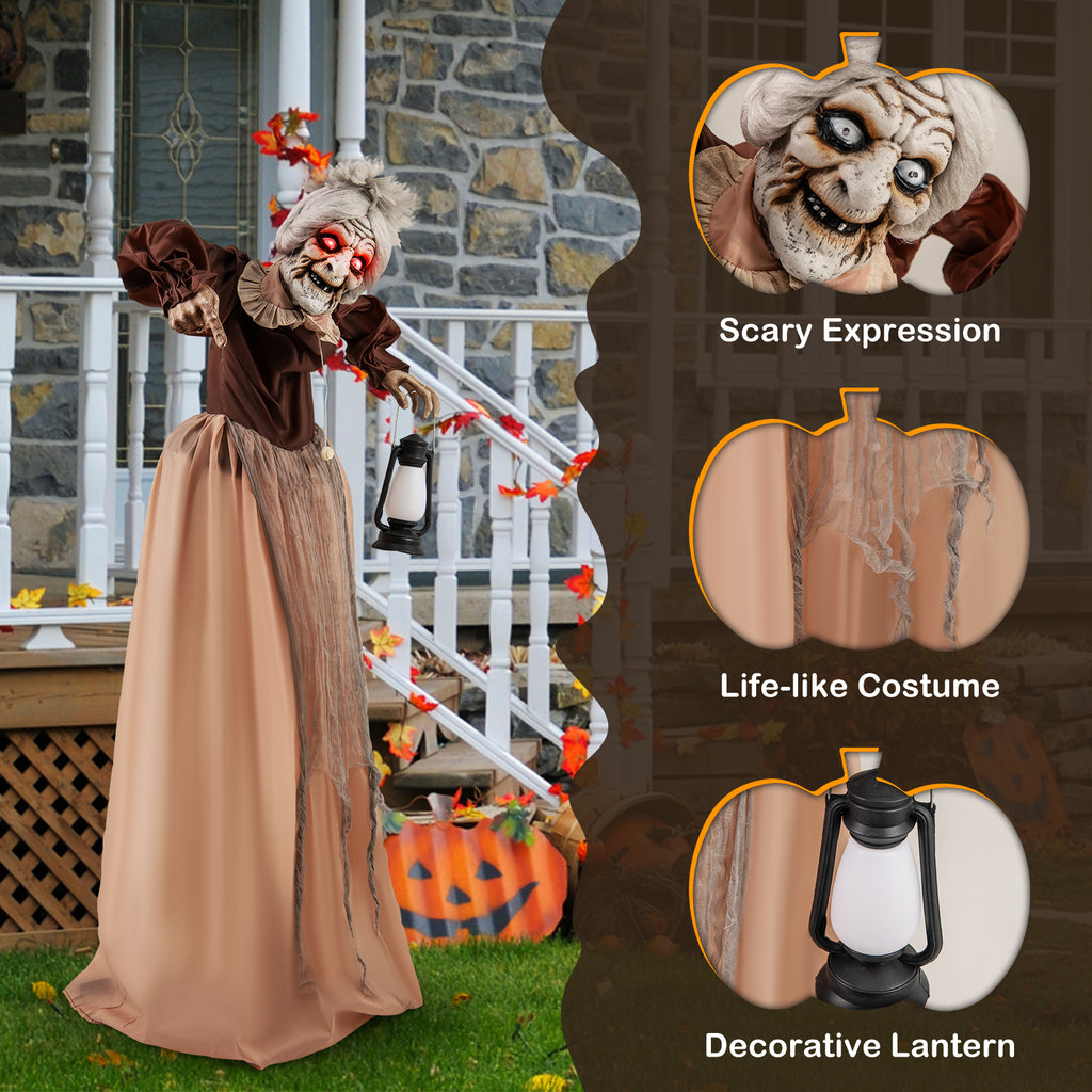 Life-Size Halloween Animatronic Old Lady Hag Prop with Lantern - Moving & Talking