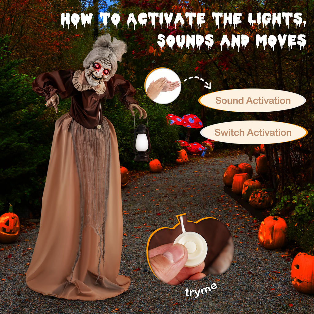 Life-Size Halloween Animatronic Old Lady Hag Prop with Lantern - Moving & Talking