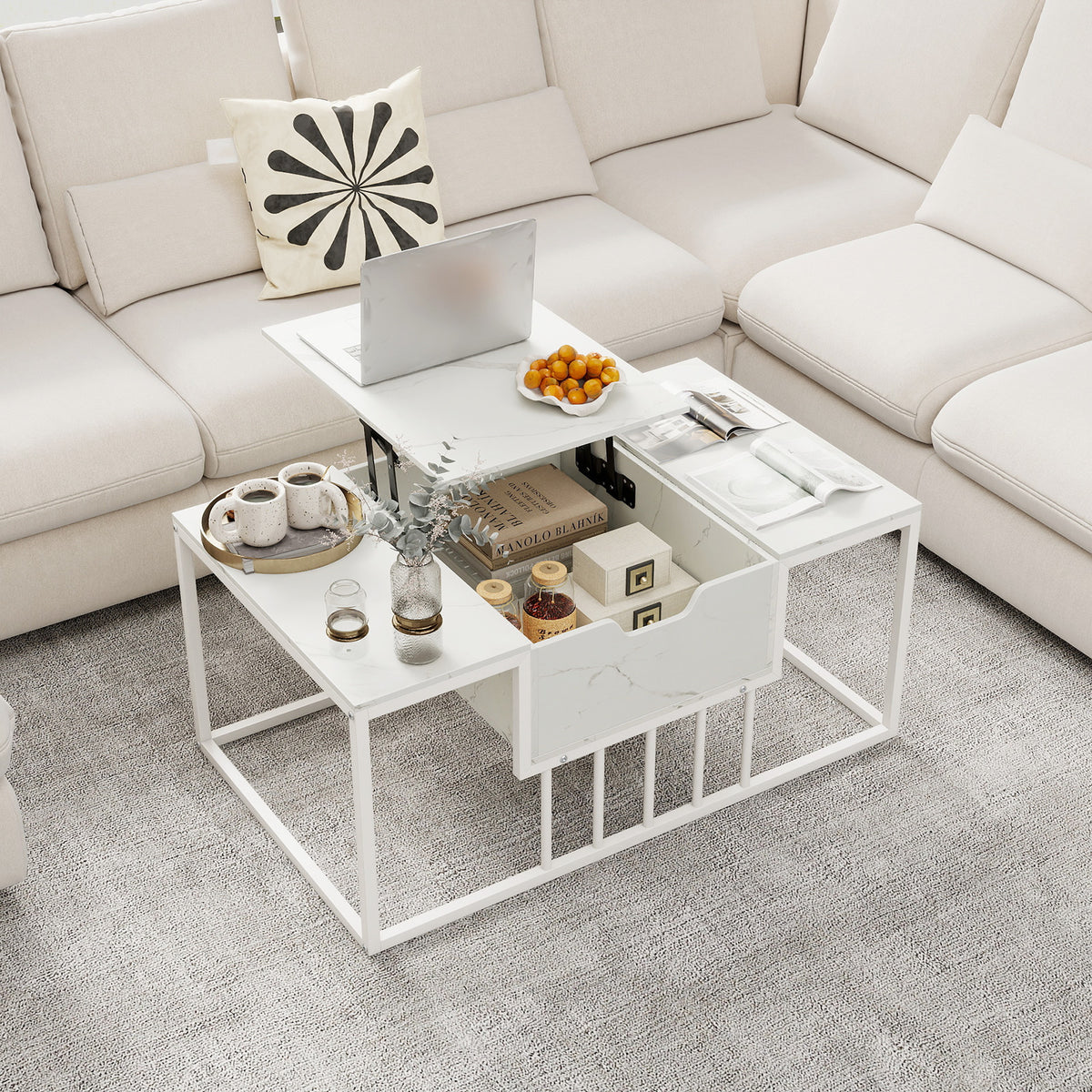 Lift Top Coffee Table Modern with Hidden Storage - White