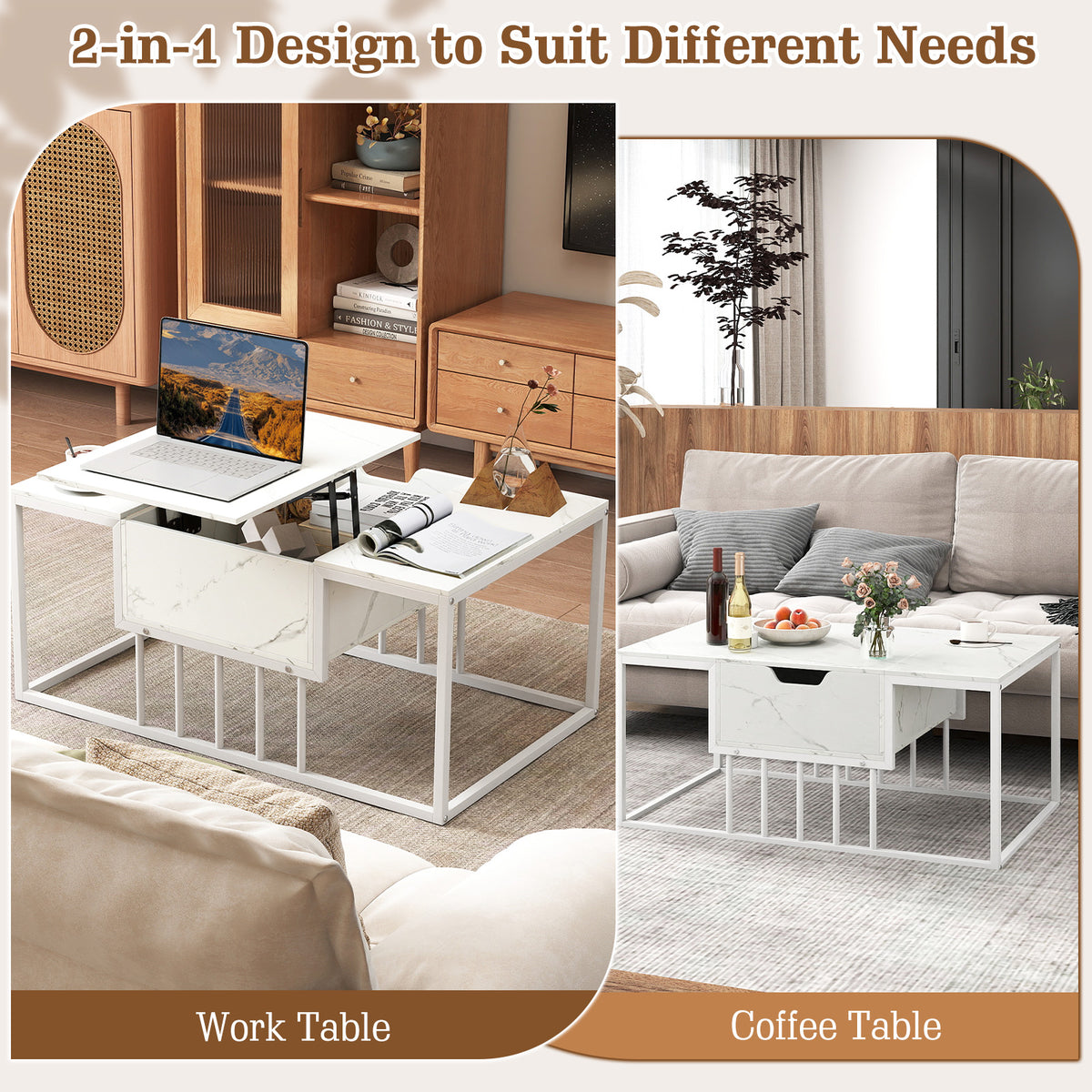 Lift Top Coffee Table Modern with Hidden Storage - White