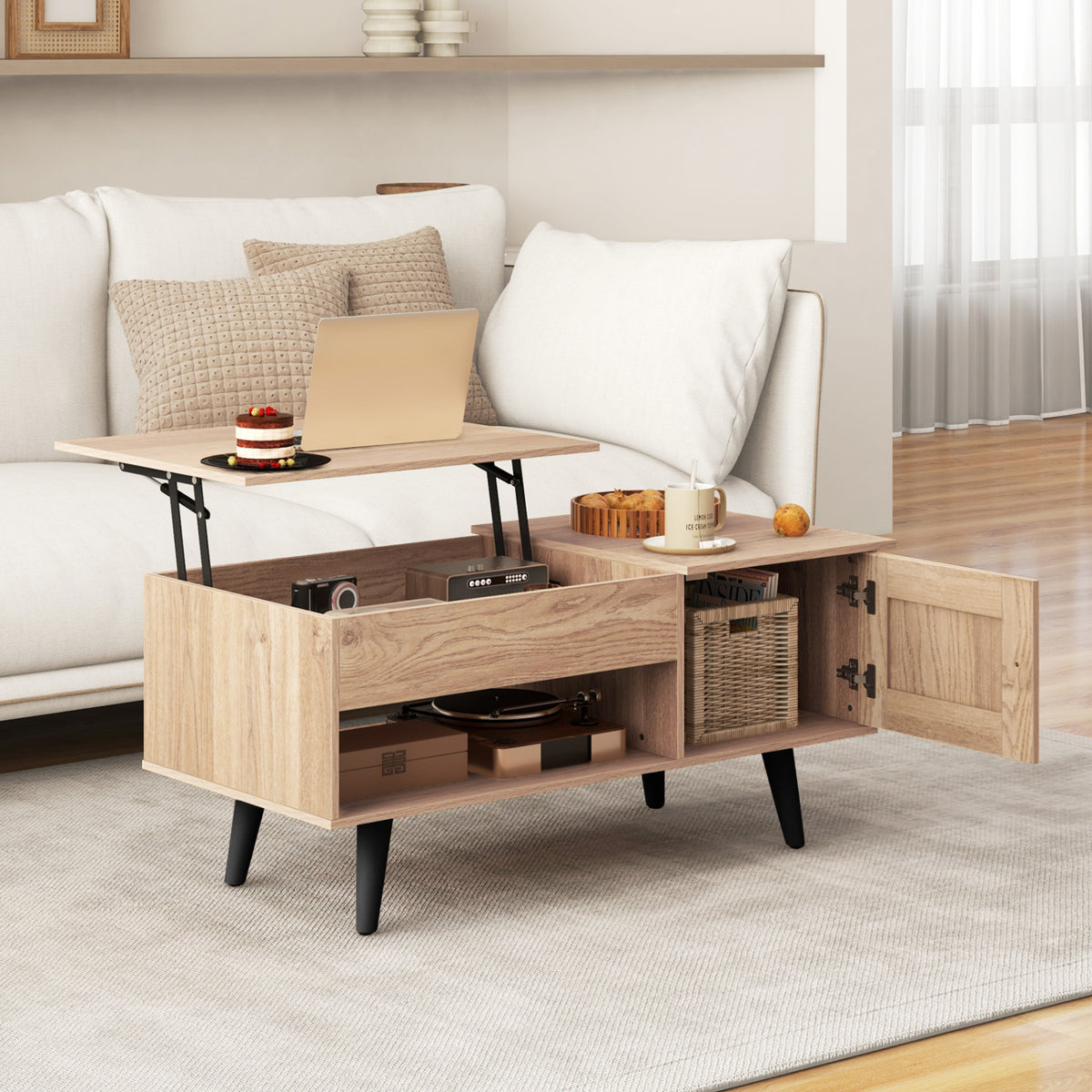 Lift Top Coffee Table with Storage and Hidden Compartments - Natural