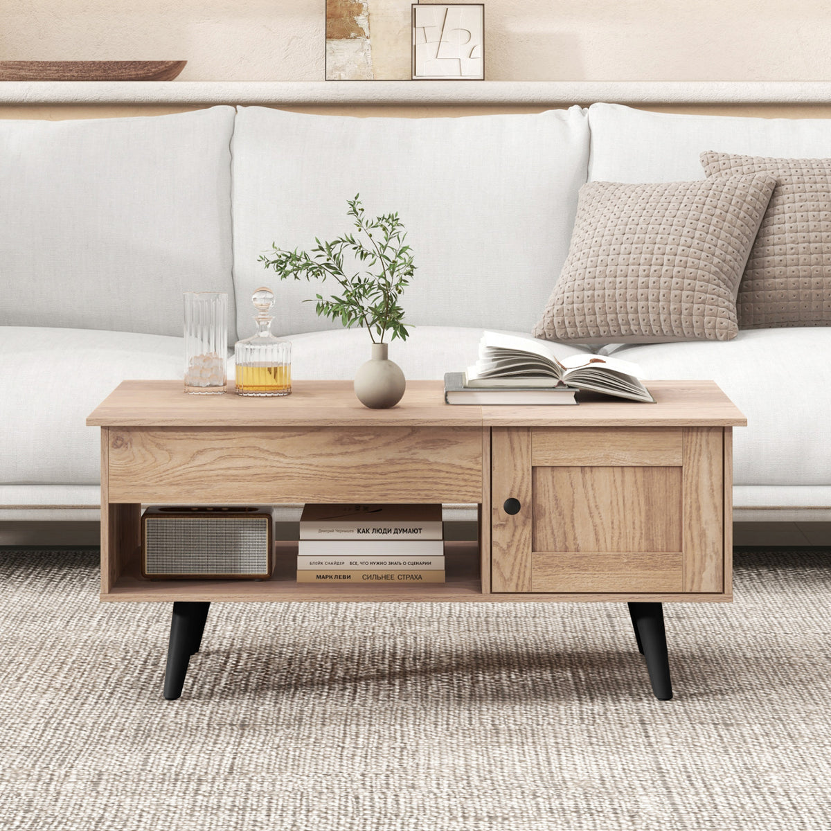 Lift Top Coffee Table with Storage and Hidden Compartments - Natural