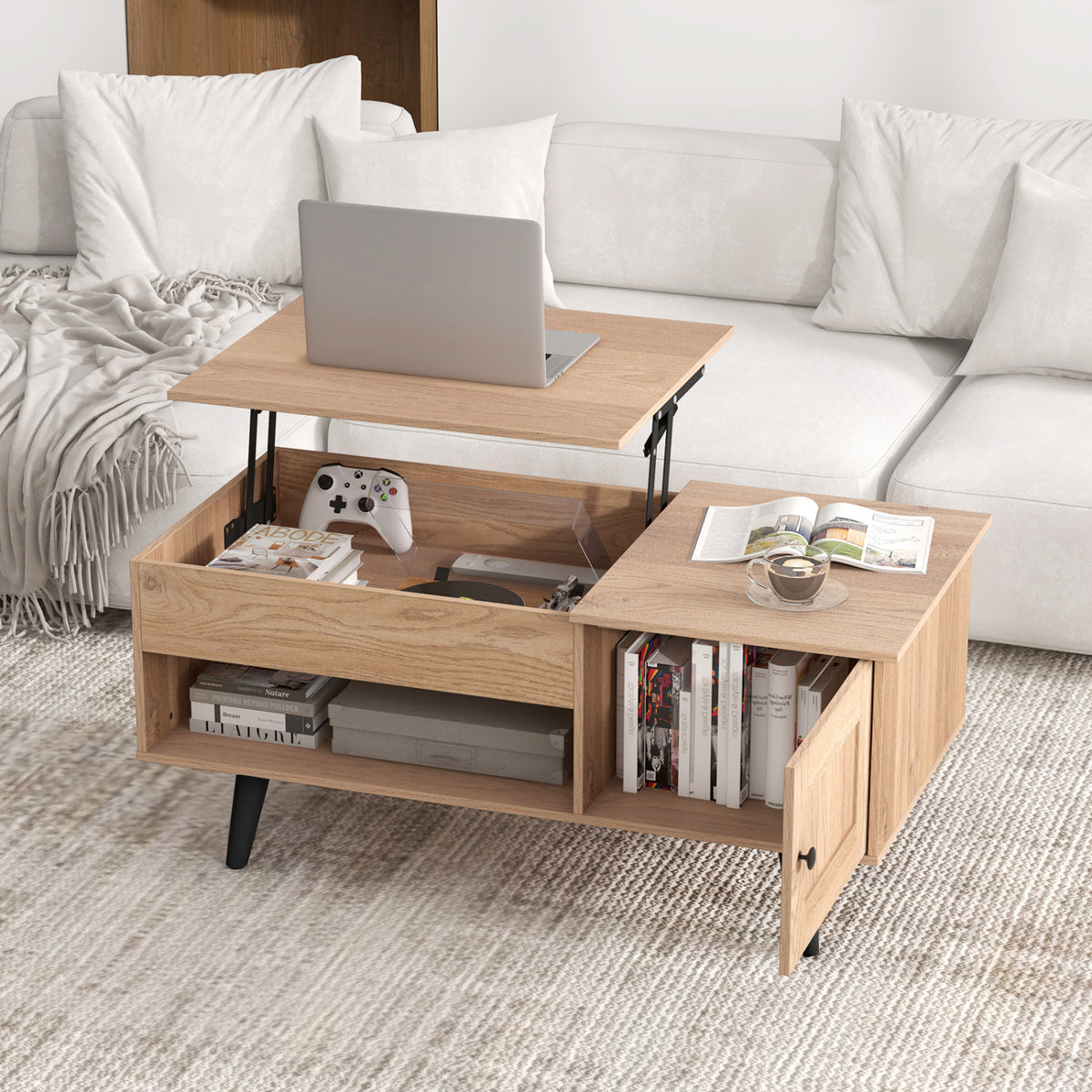 Lift Top Coffee Table with Storage & Hidden Compartments - Natural
