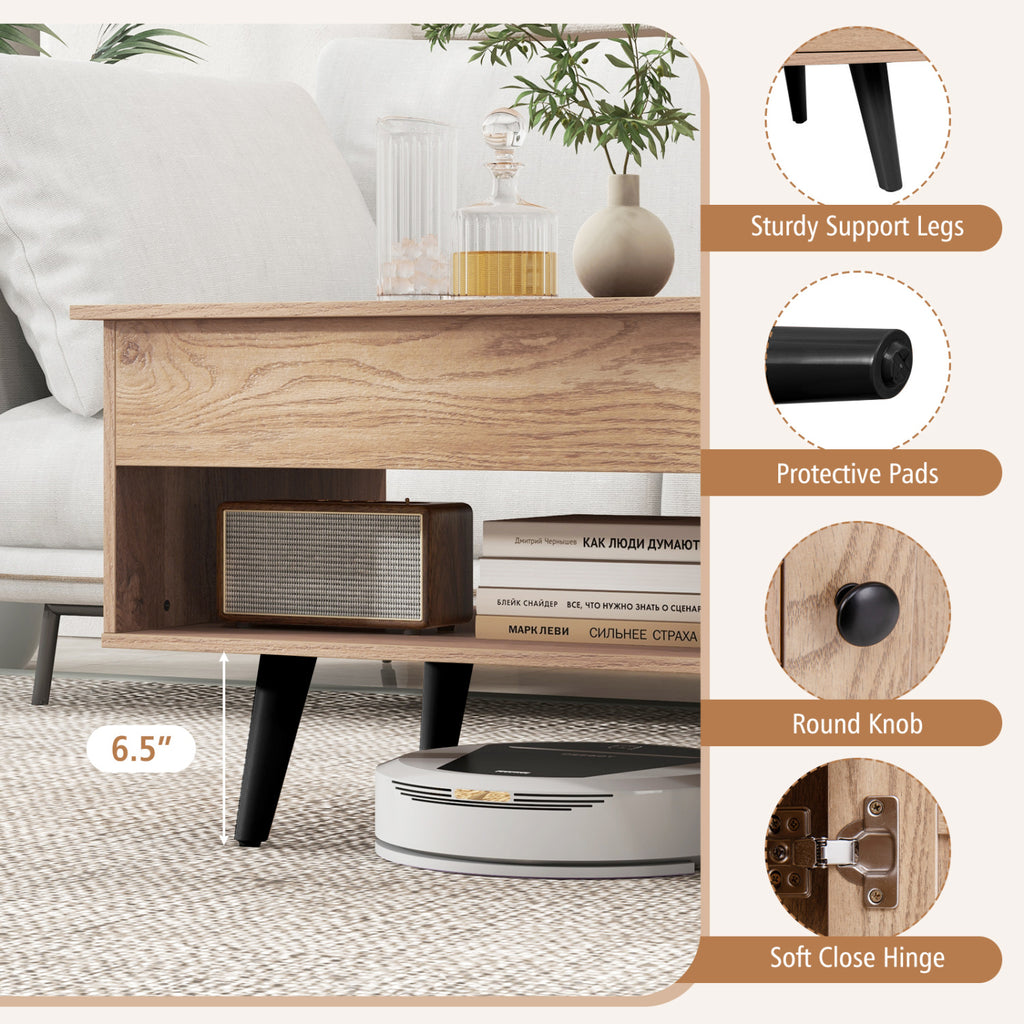 Lift Top Coffee Table with Storage and Hidden Compartments - Natural