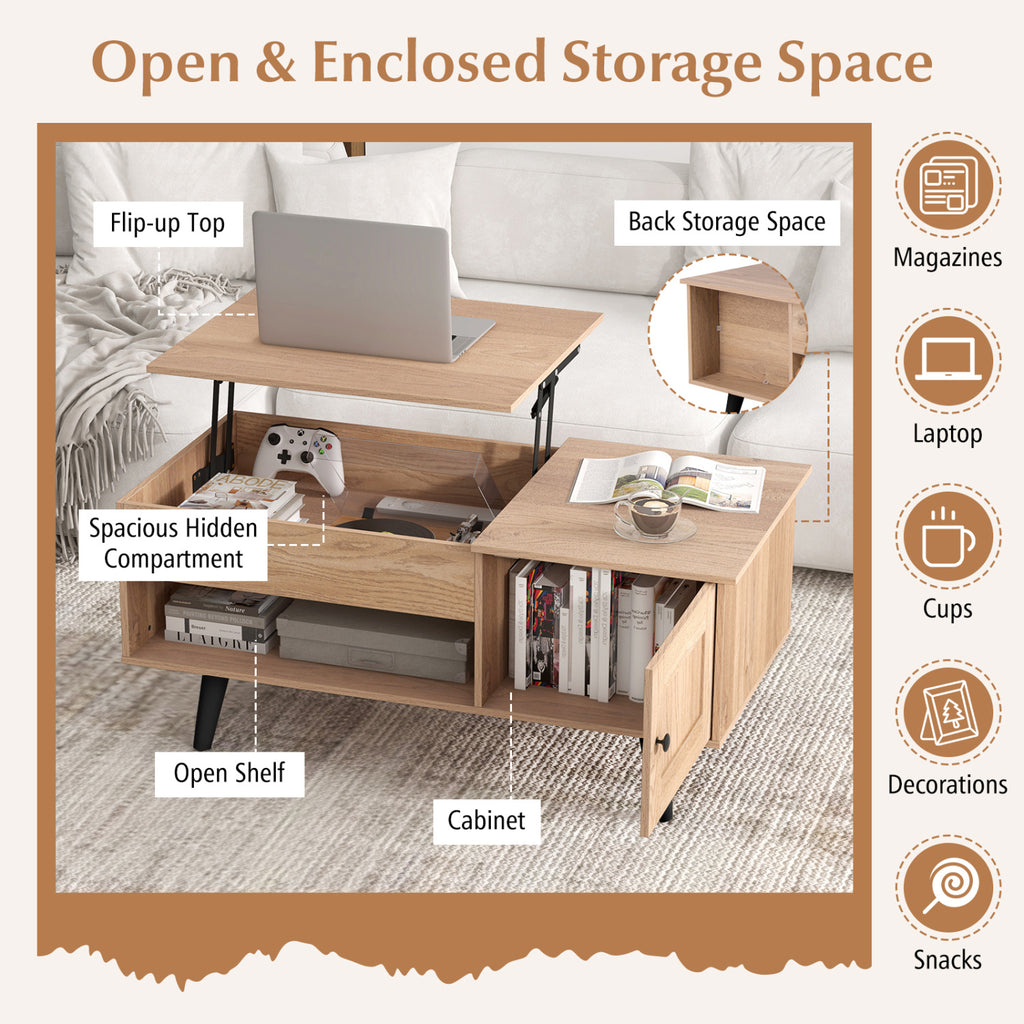 Lift Top Coffee Table with Storage & Hidden Compartments - Natural
