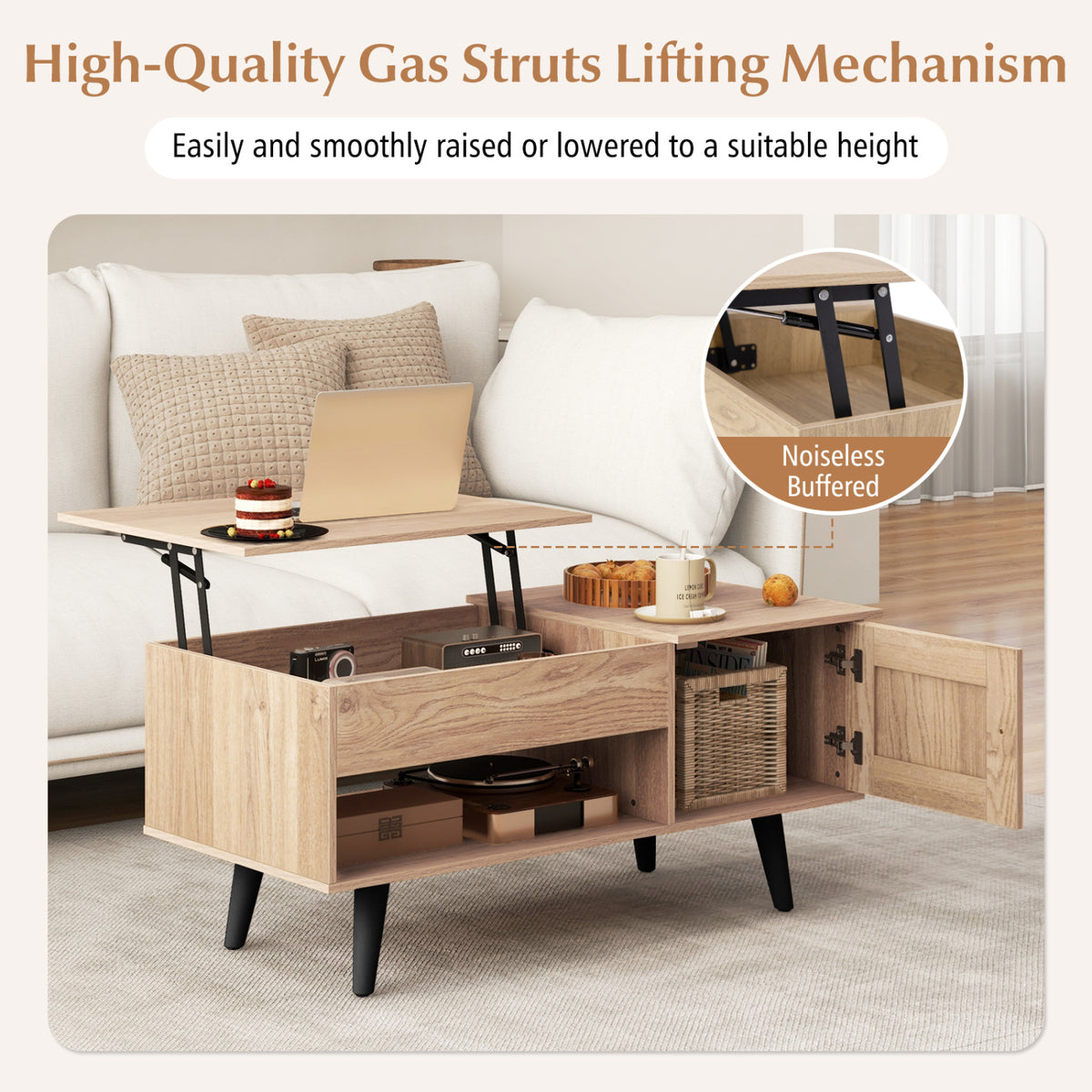 Lift Top Coffee Table with Storage & Hidden Compartments - Natural