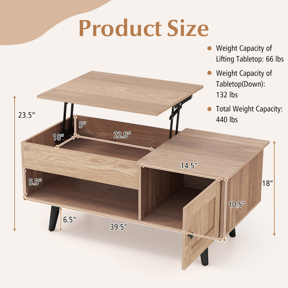 Lift Top Coffee Table with Storage and Hidden Compartments - Natural