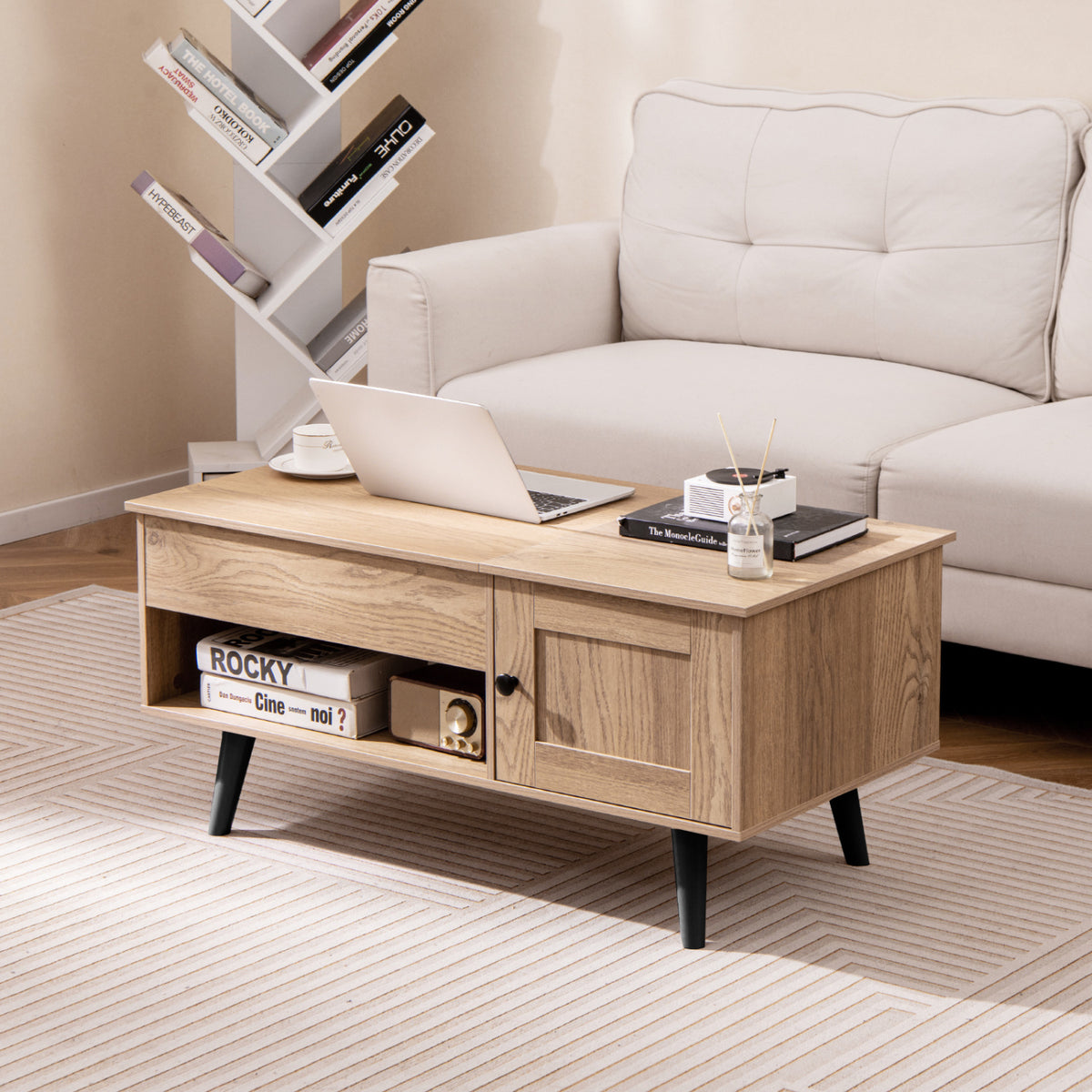 Lift Top Coffee Table with Storage & Hidden Compartments - Natural