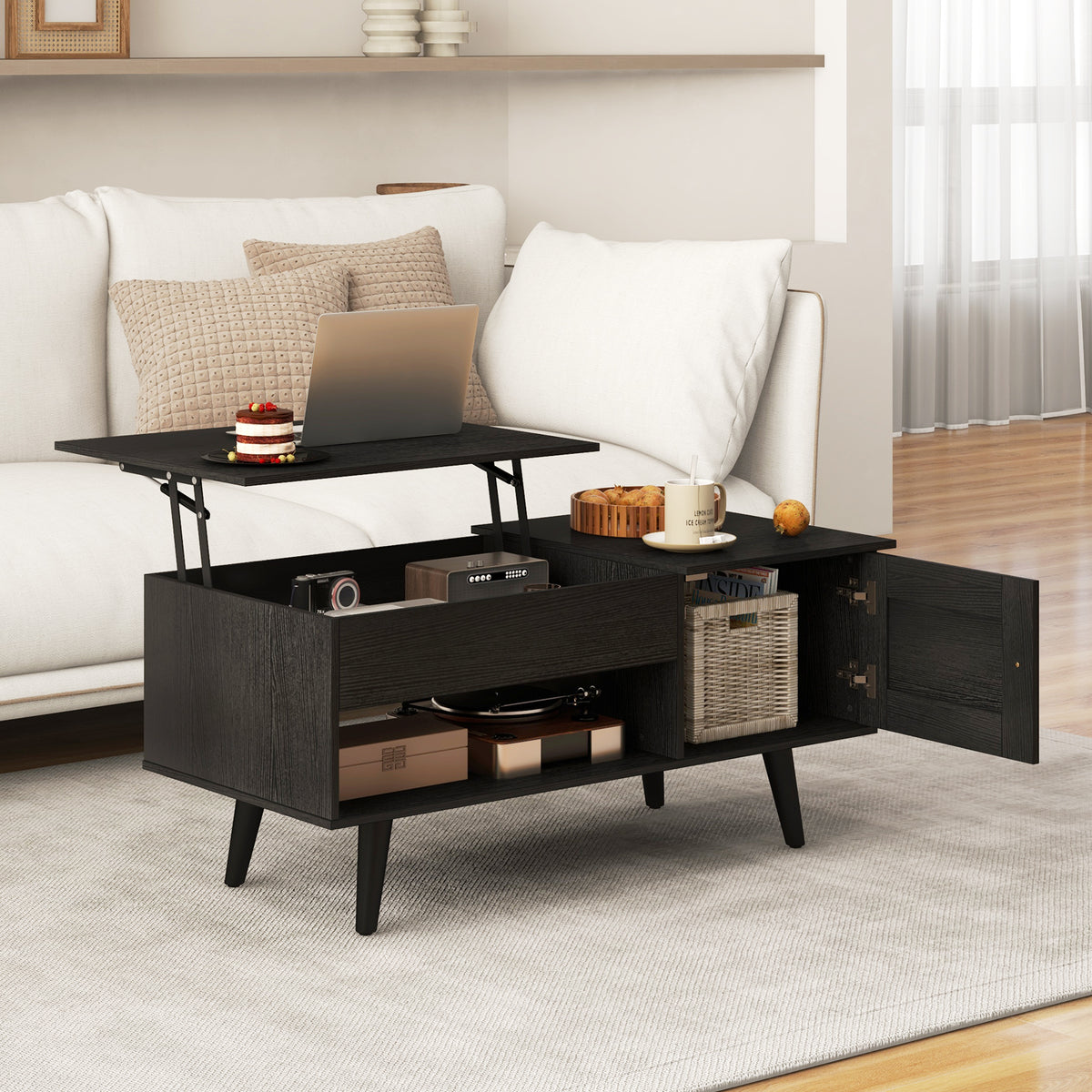 Lift Top Coffee Table with Storage and Hidden Compartments - Natural