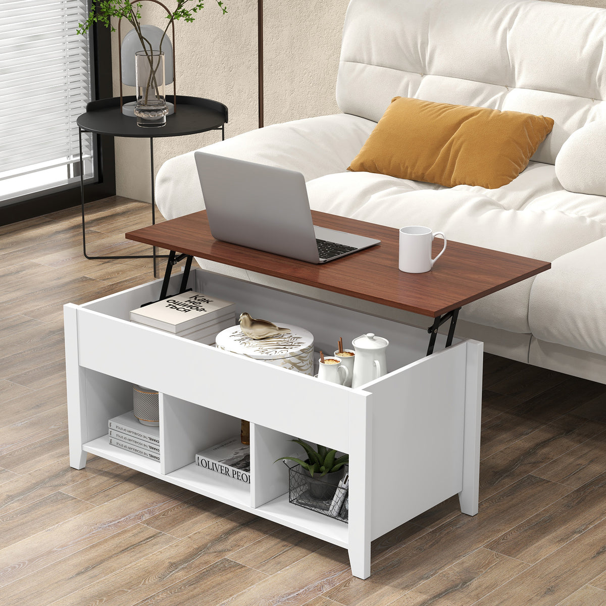 Lift Top Coffee Table with Storage Compartment - White