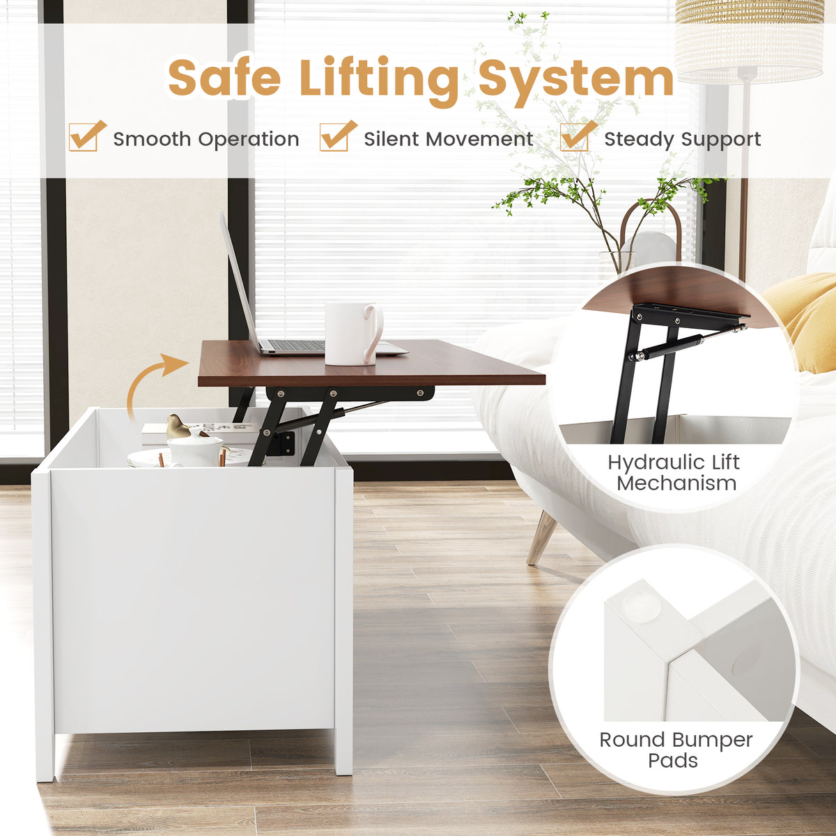 Lift Top Coffee Table with Storage Compartment - White