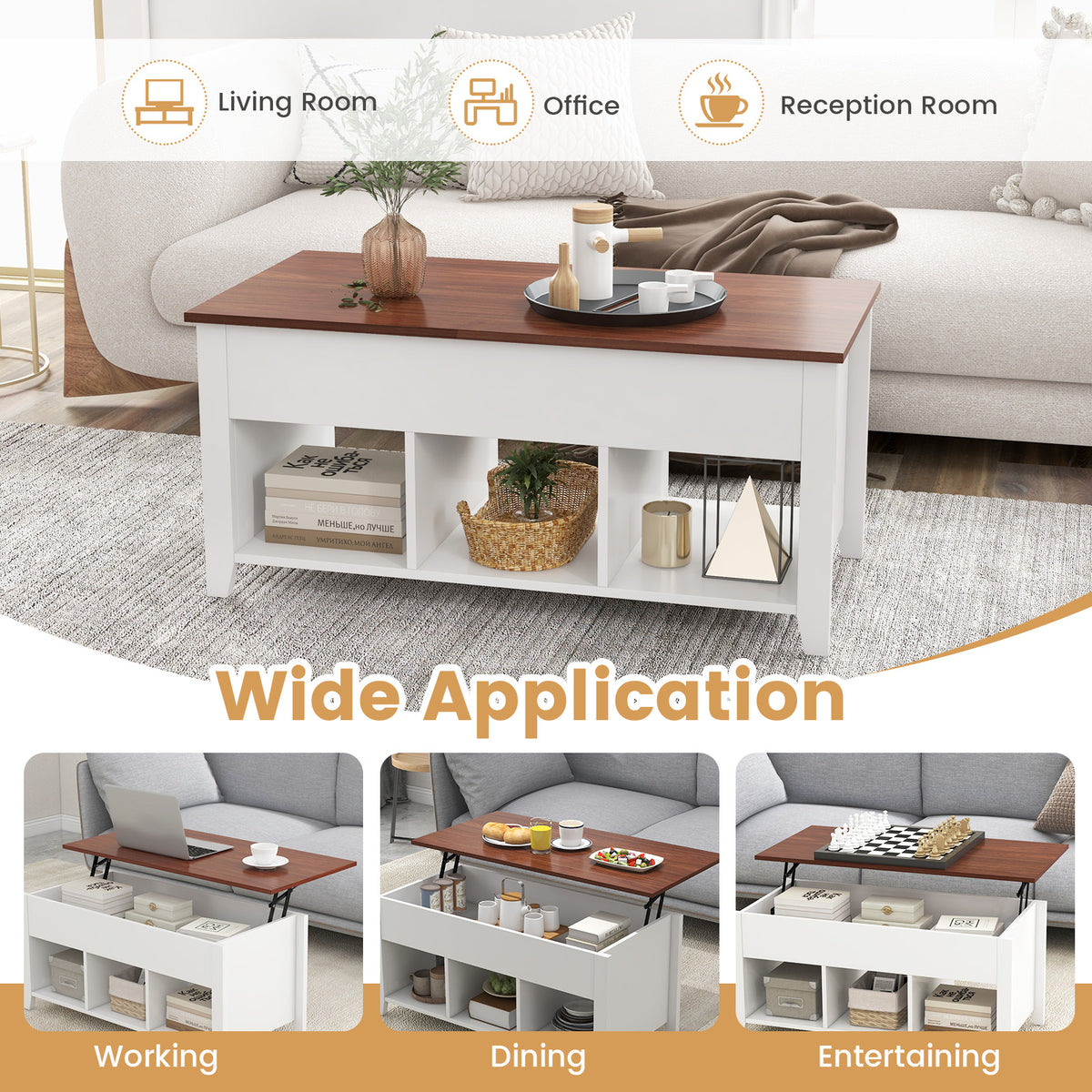 Lift Top Coffee Table with Storage Compartment - White