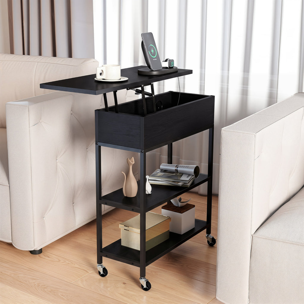 Lift Top End Table with Charging Station and Universal Wheels - Black