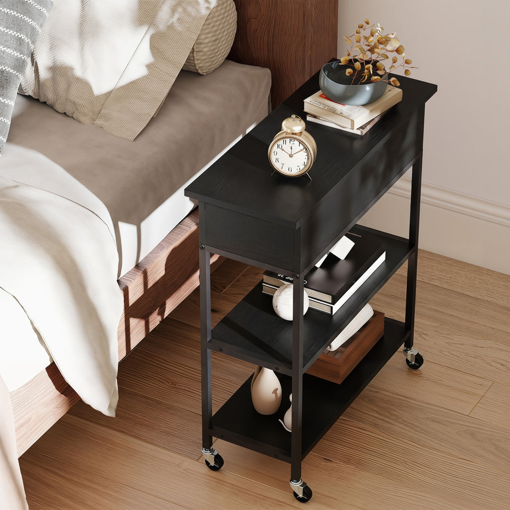 Lift Top End Table with Charging Station and Universal Wheels - Black