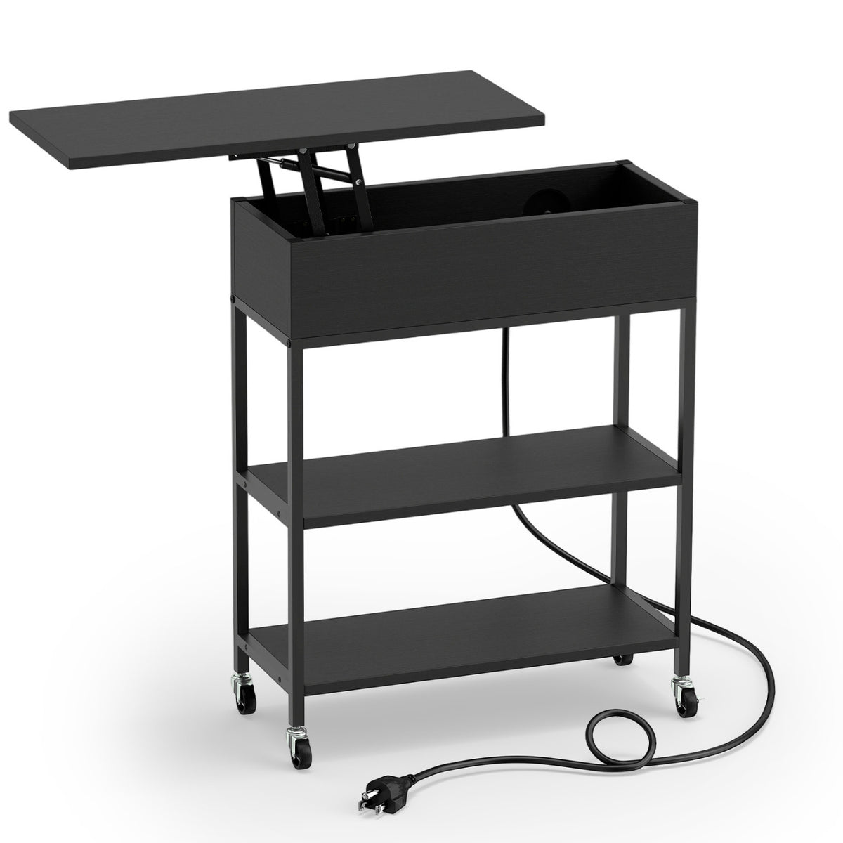 Lift Top End Table with Charging Station and Universal Wheels - Black