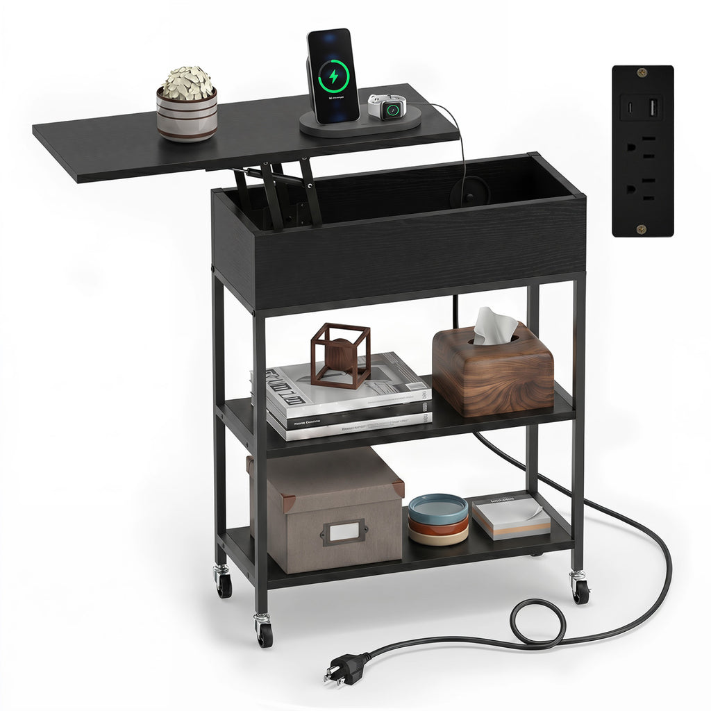 Lift Top End Table with Charging Station and Wheels - Black