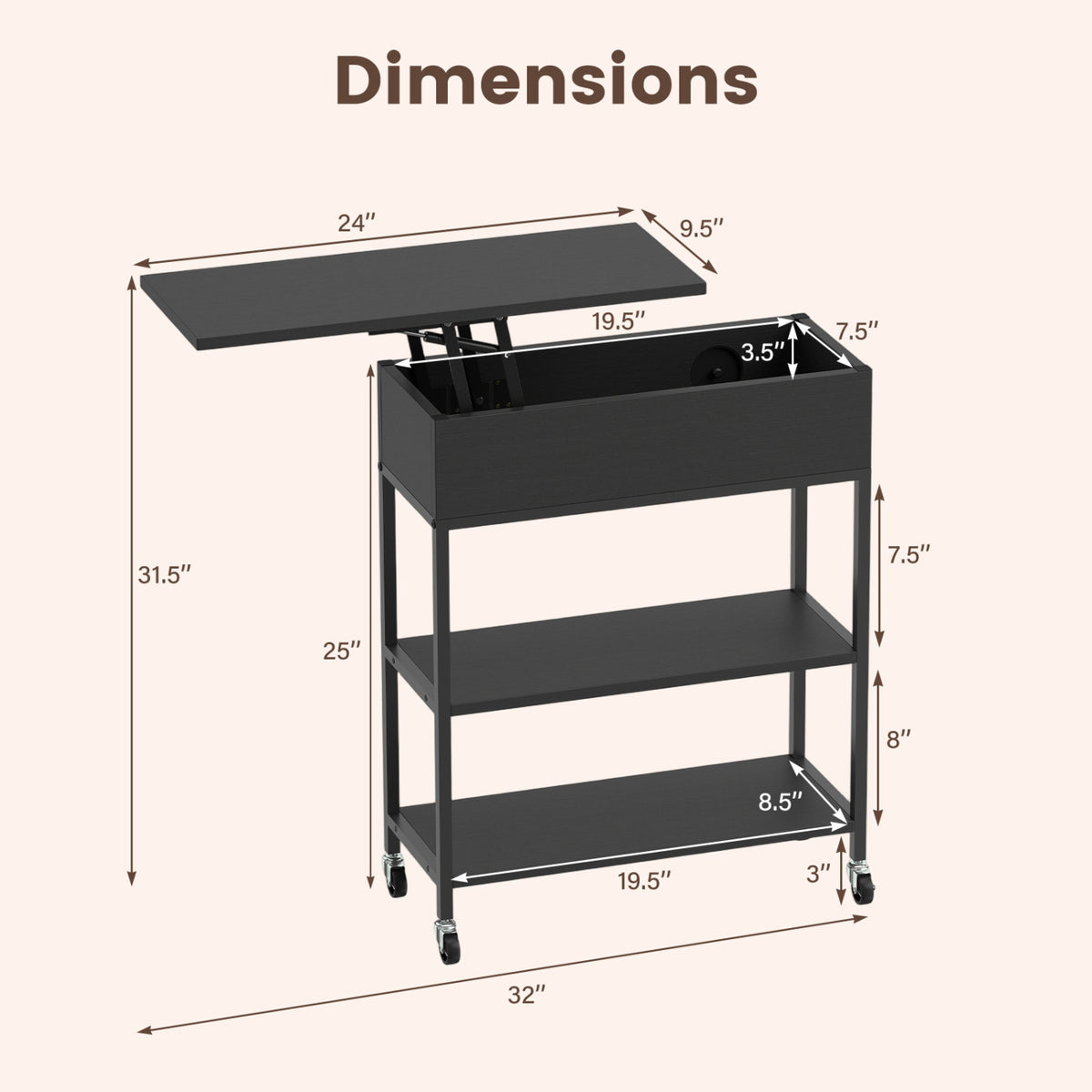Lift Top End Table with Charging Station and Universal Wheels - Black