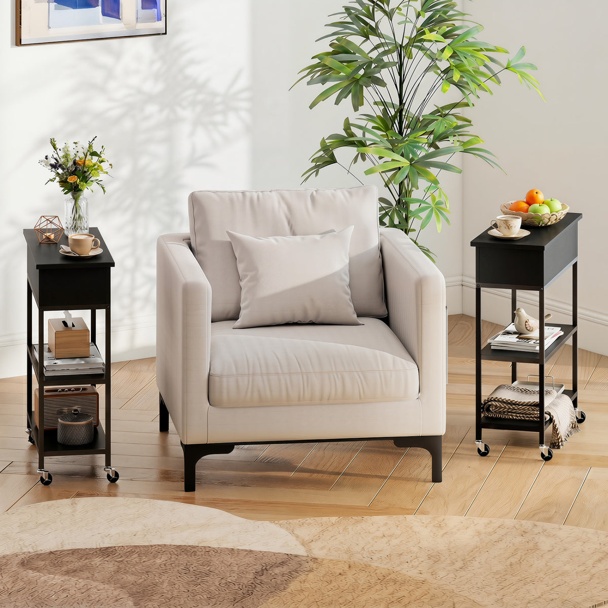 Lift Top End Table with Charging Station and Universal Wheels - Black