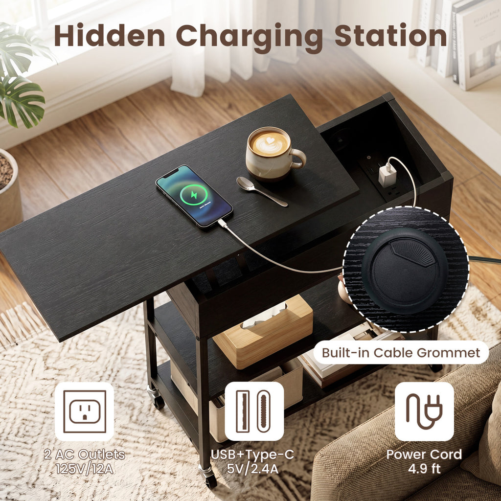 Lift Top End Table with Charging Station and Universal Wheels - Black