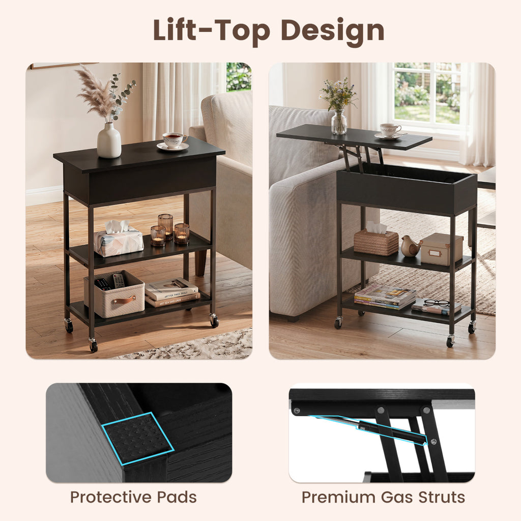 Lift Top End Table with Charging Station and Universal Wheels - Black