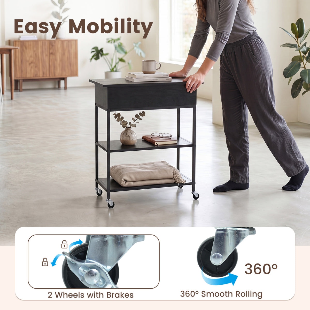 Lift Top End Table with Charging Station and Universal Wheels - Black