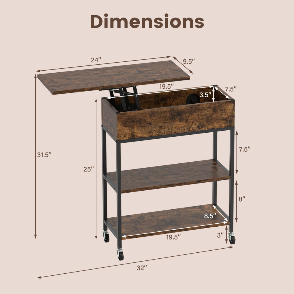 Lift Top End Table with Charging Station and Wheels - Rustic Brown